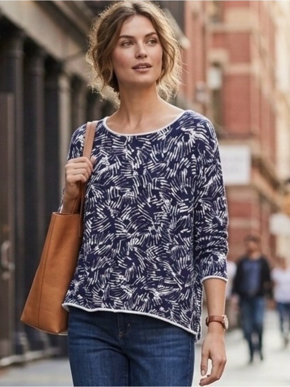 Garnet Hill Navy and White Patterned Scoop-Neck Sweater Silk x Cotton